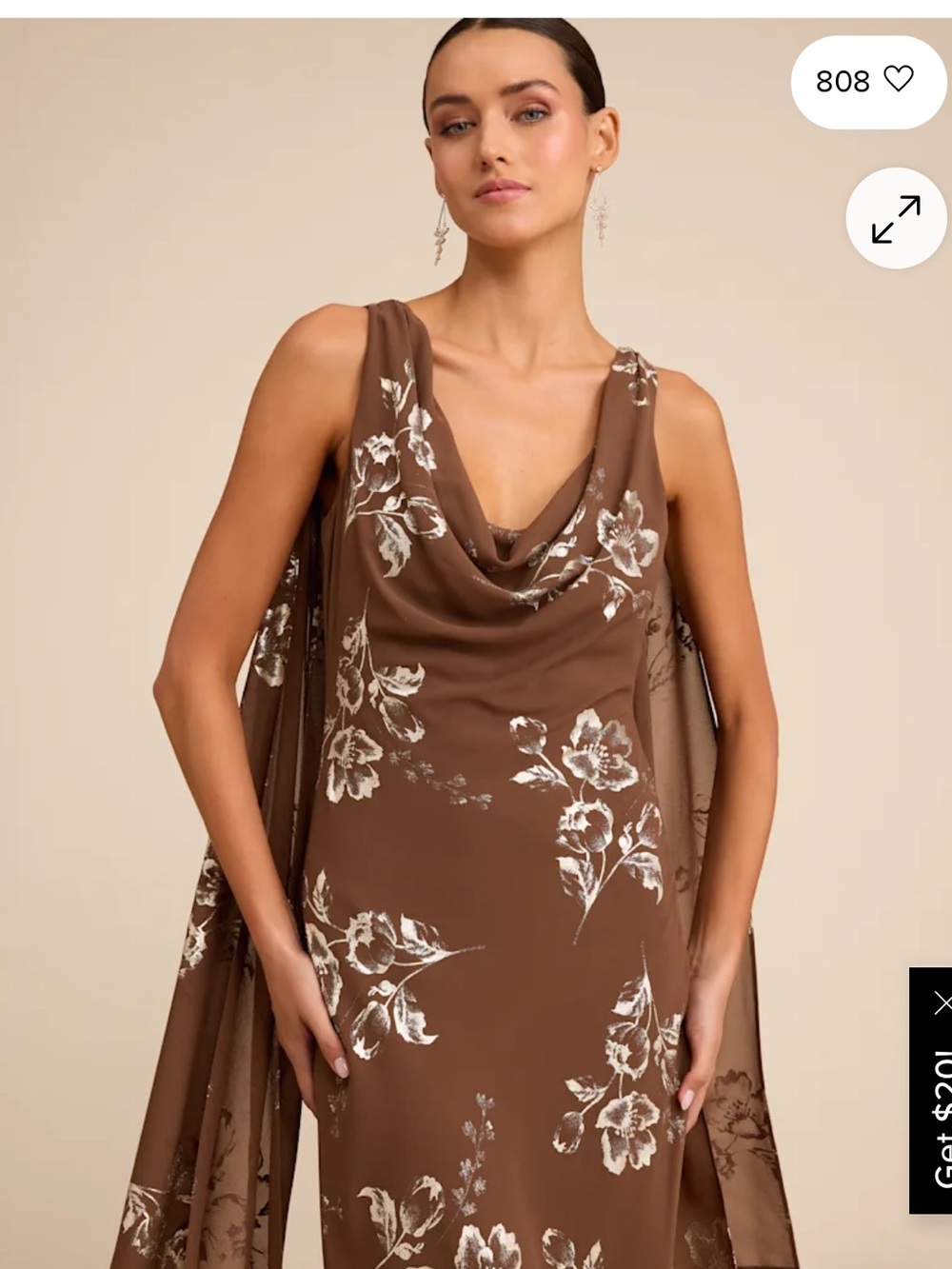 Lulus Sidonia Brown And Gold Floral Cowl Sash Maxi Dress - Size S - Picture 3 of 4